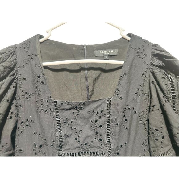 Beulah Eyelet bubble Hem Mini Dress fit flare Medium Black Puff Sleeves Romantic - Picture 14 of 16